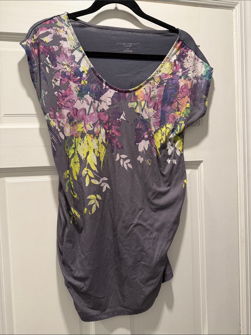 Liz Lange‎ Maternity Charcoal Scoop Neck Top  Purple, Pink & Yellow Floral Print